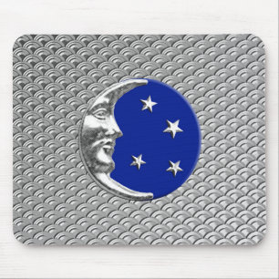 Art Deco Moon and stars - Cobalt Blue and Silver Mouse Pad