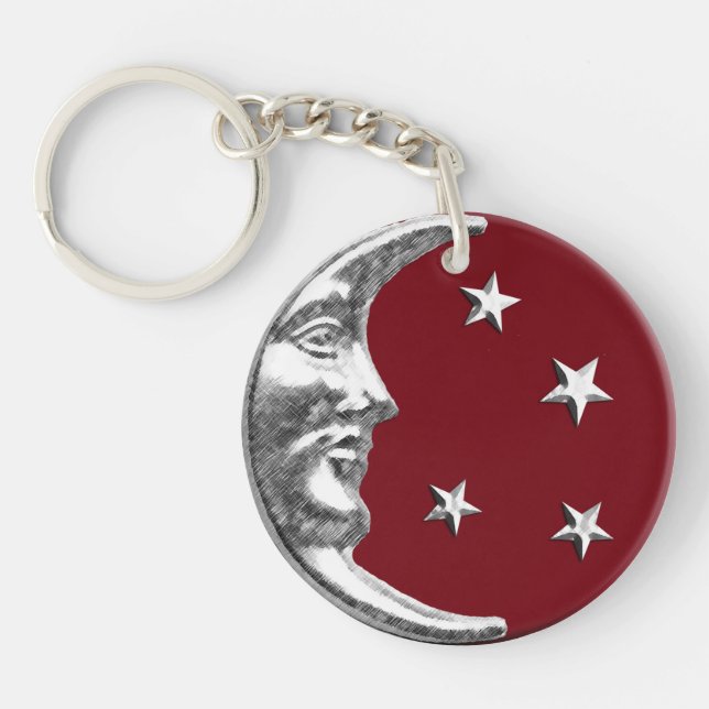 Art Deco Moon and Stars - Dark Red and Silver Key Ring (Front)