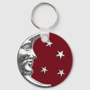 Art Deco Moon and Stars - Dark Red and Silver Key Ring