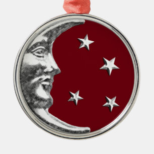 Art Deco Moon and Stars - Dark Red and Silver Metal Tree Decoration