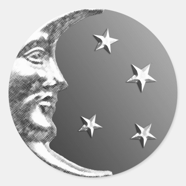 Art Deco Moon and Stars - Grey / Grey and Silver Classic Round Sticker (Front)