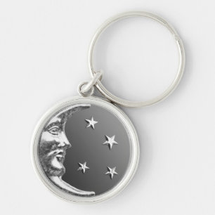Art Deco Moon and Stars - Grey / Grey and Silver Key Ring