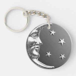 Art Deco Moon and Stars - Grey / Grey and Silver Key Ring