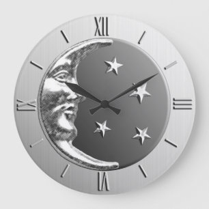 Art Deco Moon and Stars - Grey / Grey and Silver Large Clock