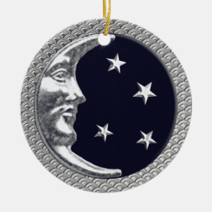 Art Deco Moon and Stars in Black and Silver Ceramic Tree Decoration
