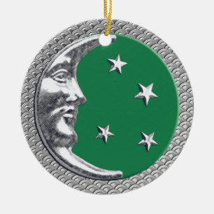 Art Deco Moon and Stars in Jade Green and Silver Ceramic Tree Decoration