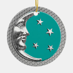 Art Deco Moon and Stars in Turquoise and Silver Ceramic Tree Decoration