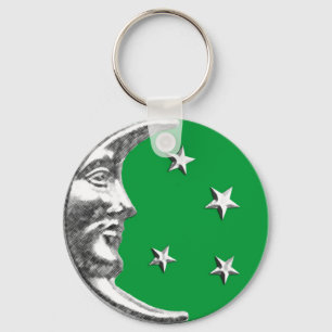Art Deco Moon and Stars - Jade Green and Silver Key Ring