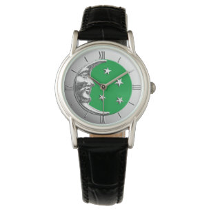 Art Deco Moon and Stars - Jade Green and Silver Watch
