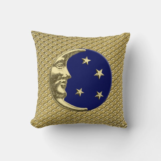 Art Deco Moon and stars - Navy Blue and Gold Cushion (Front)