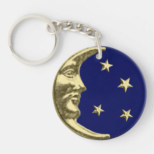 Art Deco Moon and Stars - Navy Blue and Gold Key Ring