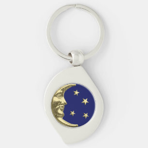 Art Deco Moon and Stars - Navy Blue and Gold Key Ring