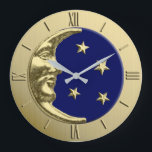 Art Deco Moon and Stars - Navy Blue and Gold Large Clock<br><div class="desc">Classic Art Deco moon and stars design in brushed metallic gold,  with an enamel look midnight blue / indigo background</div>