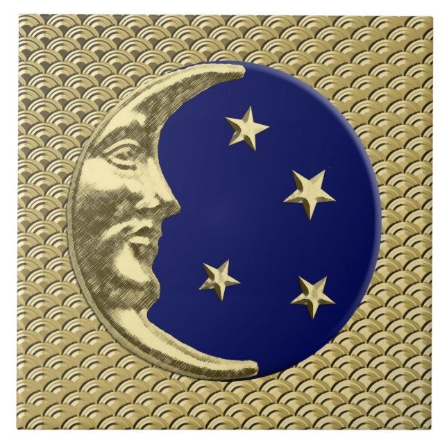 Art Deco Moon and stars - Navy Blue and Gold Tile (Front)