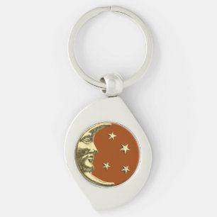 Art Deco Moon and Stars - Rust Brown and Gold Key Ring