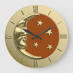 Art Deco Moon and Stars - Rust Brown and Gold Large Clock