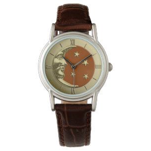 Art Deco Moon and Stars - Rust Brown and Gold Watch