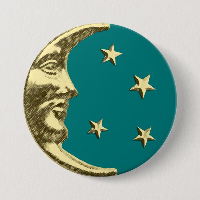 Art Deco Moon and Stars - Teal and Gold 7.5 Cm Round Badge (Front)