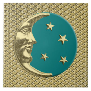 Art Deco Moon and stars - Teal and Gold Tile