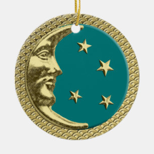 Art Deco Moon and Stars Teal on a Gold Background  Ceramic Tree Decoration