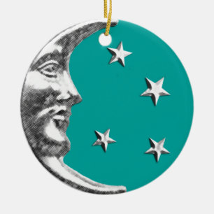 Art Deco Moon and Stars - Turquoise & Silver Ceramic Tree Decoration