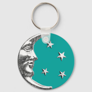 Art Deco Moon and Stars - Turquoise & Silver Key Ring