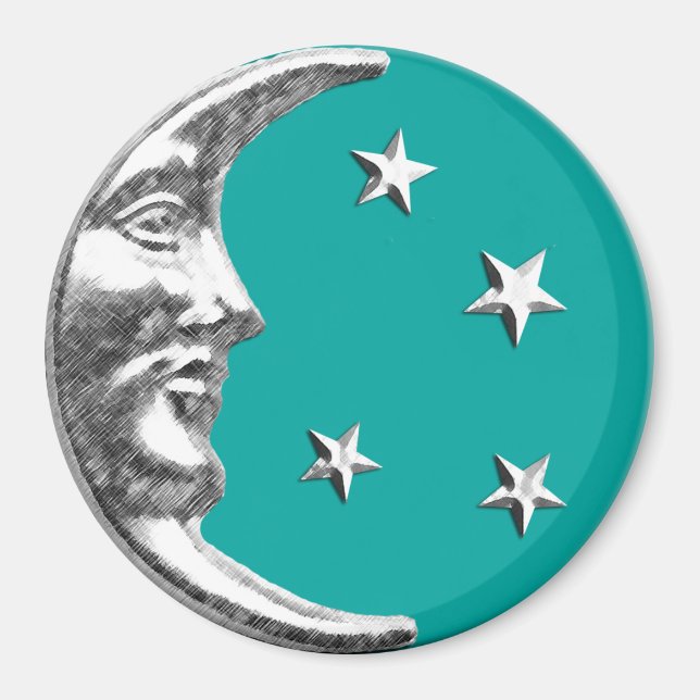 Art Deco Moon and Stars - Turquoise & Silver Magnet (Front)
