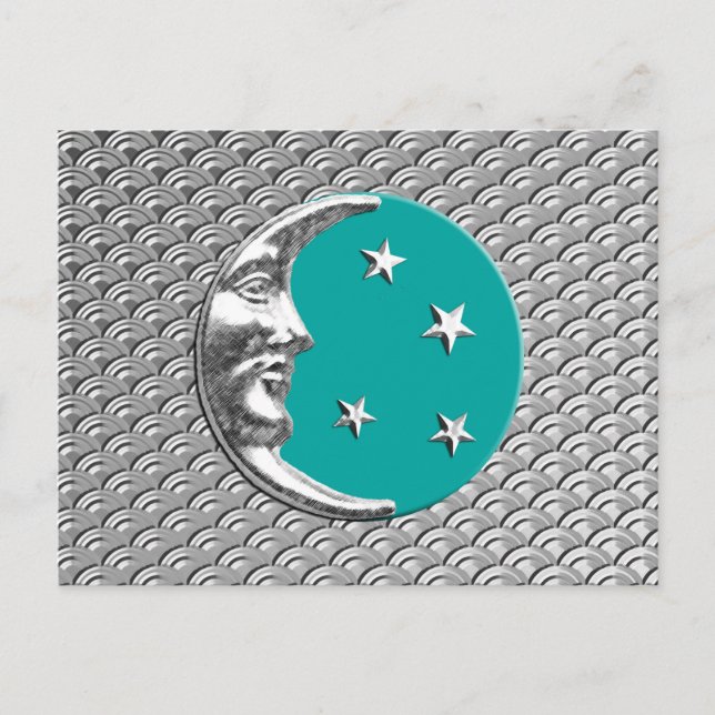 Art Deco Moon and stars - Turquoise & Silver Postcard (Front)
