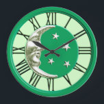 Art Deco Moon Face - Jade Green and Silver Large Clock<br><div class="desc">Classic Art Deco moon and stars design in brushed silver with an enamel look,  jade green background</div>