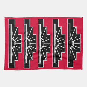 Art Deco Motif in B&W and Red Tea Towel