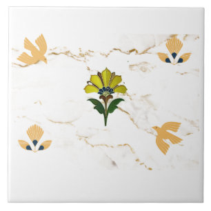 Art deco motifs on faux marble look tile