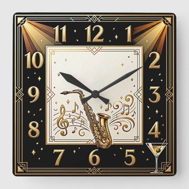 Art Deco Music Bar Square Wall Clock (Front)
