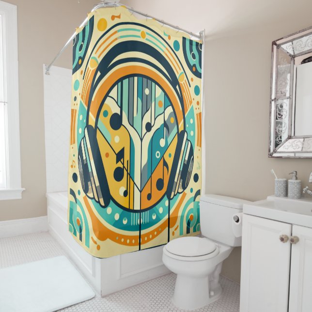 Art Deco Musical Earphones Shower Curtain (In Situ)