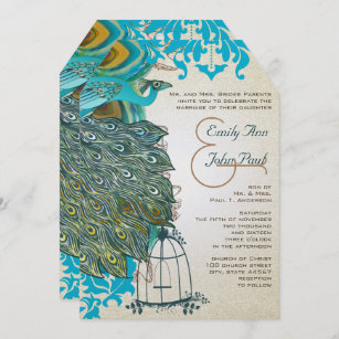 Art Deco  Musical Peacock Bird Cage Feathers Invitation