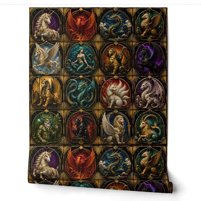 Art deco mythical creatures, unicorns dragons wallpaper (Unrolling)