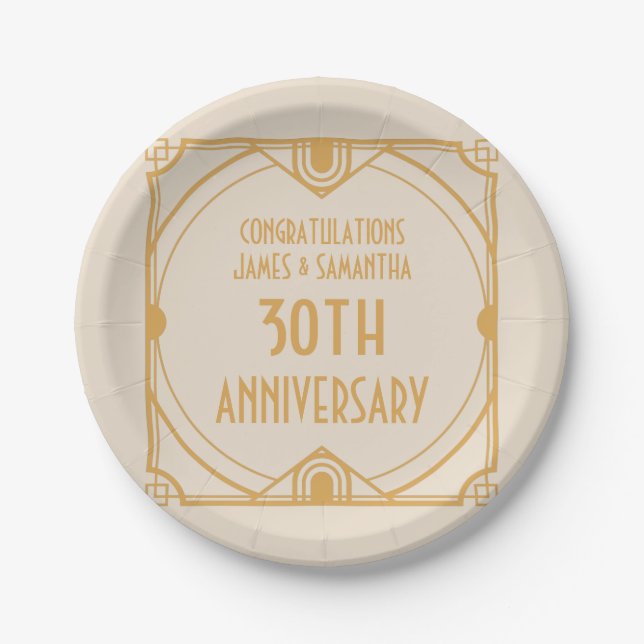 Art Deco Name 40th Wedding Anniversary Pearl Cream Paper Plate (Front)