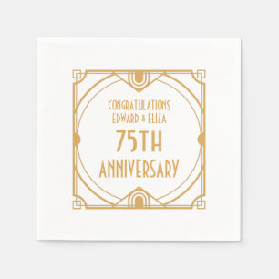 Art Deco Name 75th Wedding Anniversary Gold White Napkin