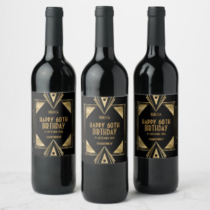 Art Deco Name Happy 60th Birthday Gold Black Wine Label