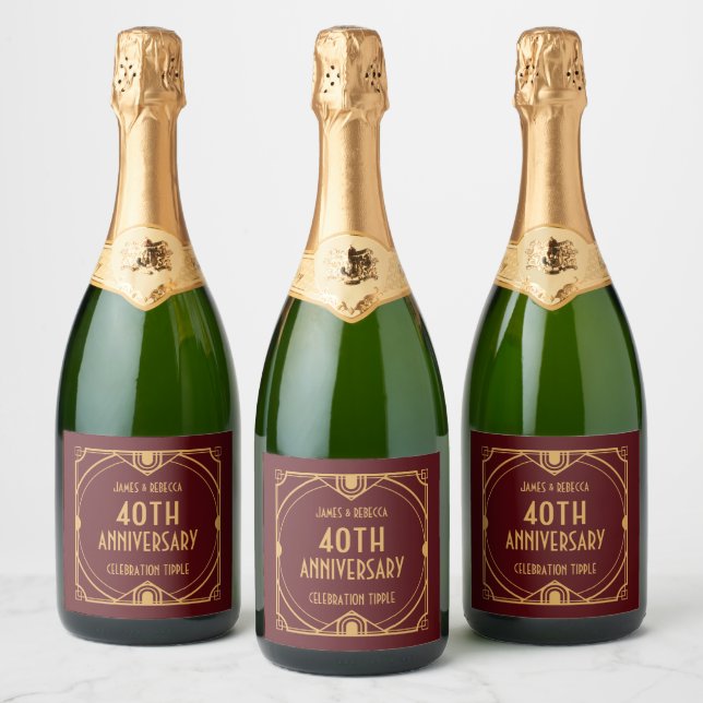 Art Deco Names 40th Anniversary CelebratIon Red Sparkling Wine Label (Bottles)