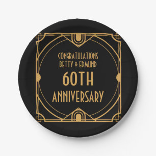 Art Deco Names 60th Wedding Anniversary Black Paper Plate