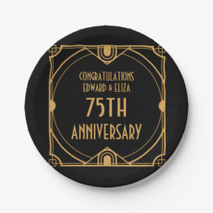 Art Deco Names 75th Wedding Anniversary Black Paper Plate