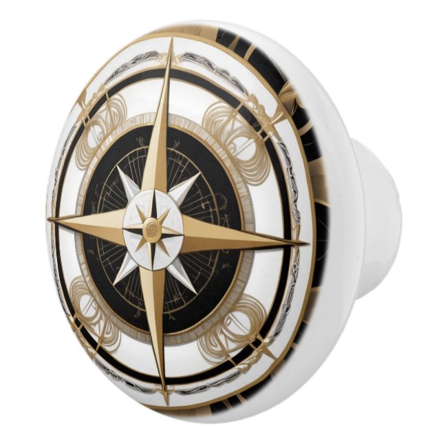 Art Deco Nautical Compass Rose Black White Gold Ceramic Knob (Right)