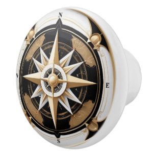 Art Deco Nautical Compass Rose Black White Gold Ceramic Knob