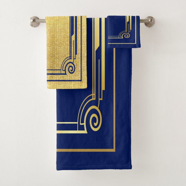Art Deco Navy and Gold Frame Bath Towel Set (Insitu)