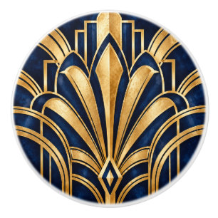 Art Deco Navy Blue and Gold Geometric Drawer Knob