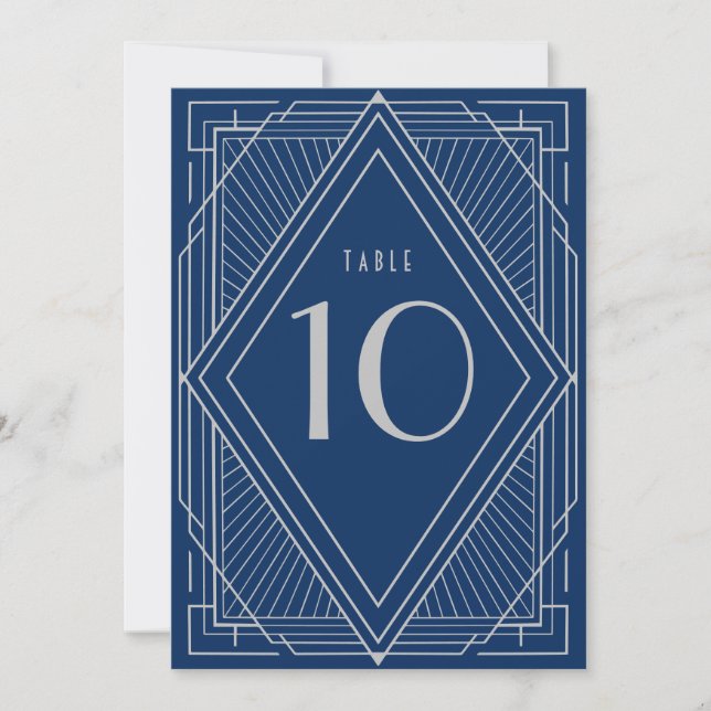 Art Deco Navy Blue and Silver Table Number Card (Front)