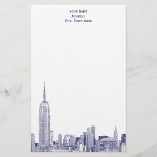 Art Deco Navy Blue NYC Skyline Etch 01 Stationery