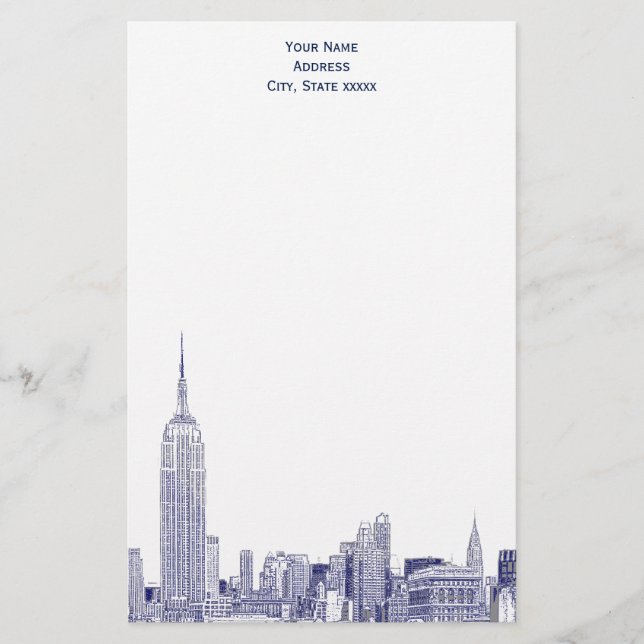 Art Deco Navy Blue NYC Skyline Etch 01 Stationery (Front)
