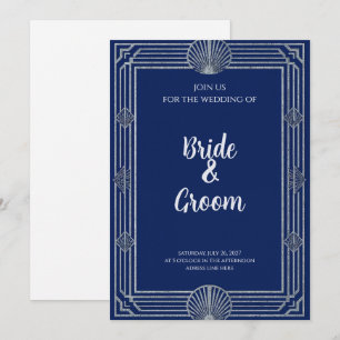 Art Deco Navy Blue Silver Shell Elegant Nautical Invitation