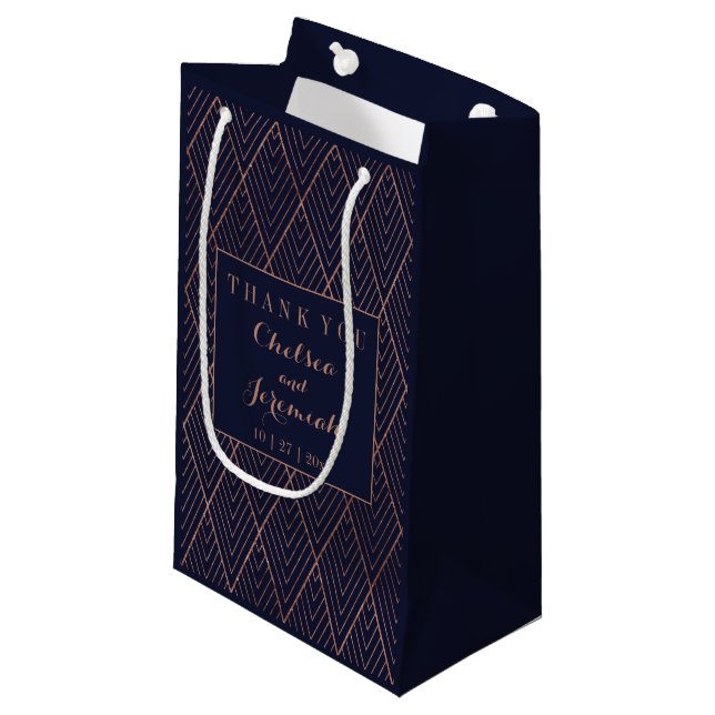 Art Deco Navy Gold Custom Name Small Gift Bag (Front Angled)